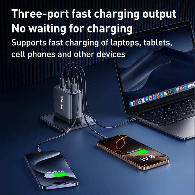 Chargeur rapide à affichage numérique REMAX U2-AC 100W USB et double Type-C GaN, prise EU