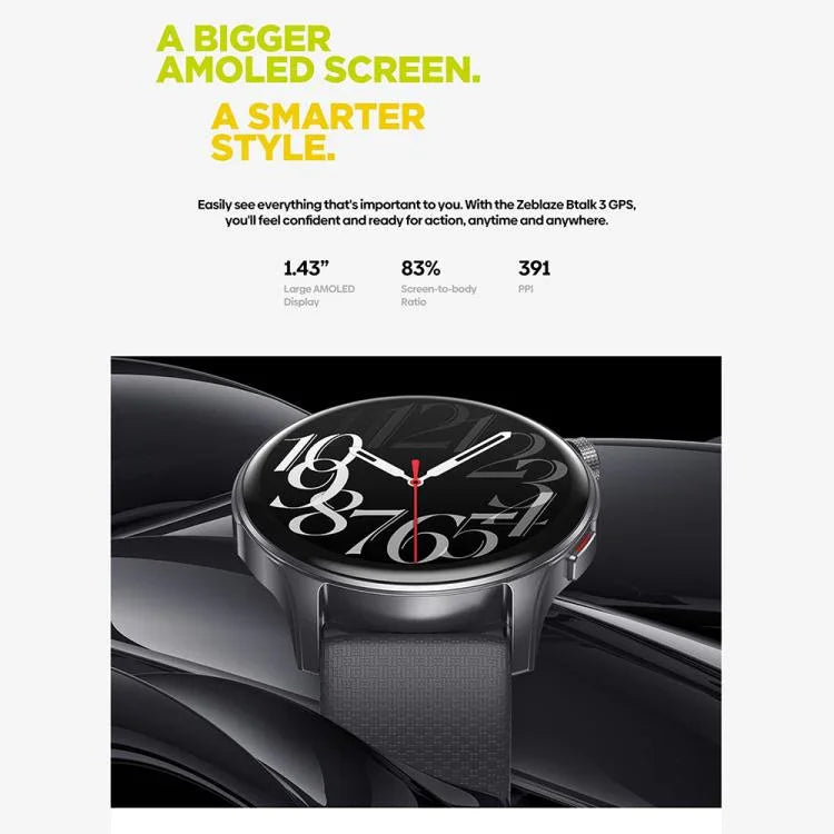 Montre connectée Zeblaze Btalk 3 GPS avec écran HD AMOLED de 1,43 pouce, compatible avec les appels Bluetooth.