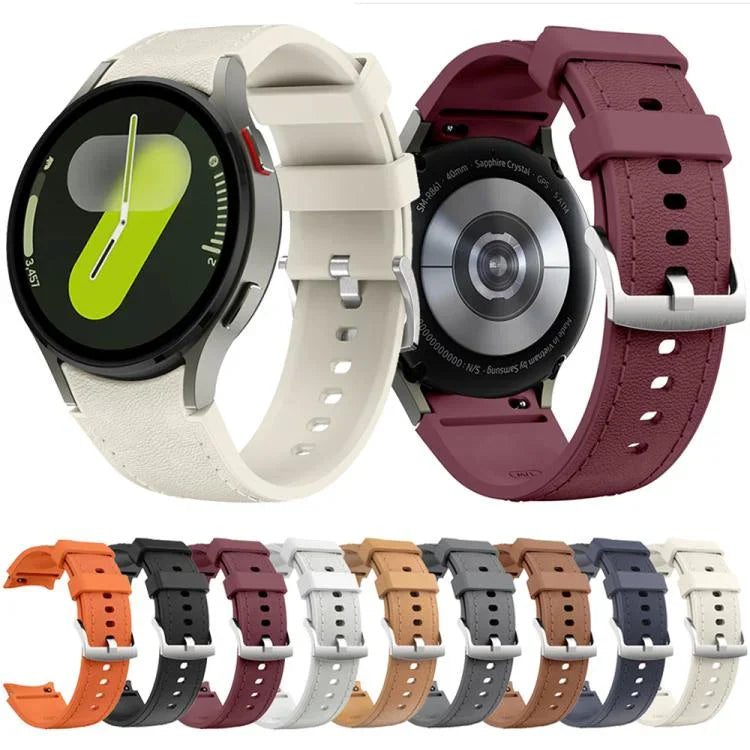 Bracelet de montre en silicone et cuir avec boucle ardillon argentée, pour Samsung Galaxy Watch 7 / 6 / 5 / 4