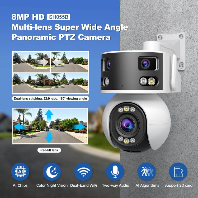 كاميرا قبة PTZ متعددة العدسات فائقة الزاوية بدقة 8 ميجابكسل SriHome SH055B، SH055B