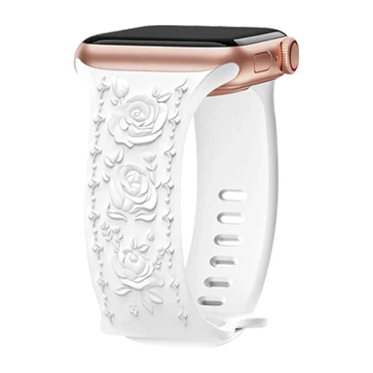 Bracelet de montre en silicone à boucle en forme de 8 Kalebol, motif rose en relief, compatible avec Apple Watch 46 mm / 49 mm / 45 mm / 44 mm et Apple Watch 42 mm / 41 mm / 40 mm / 38 mm.