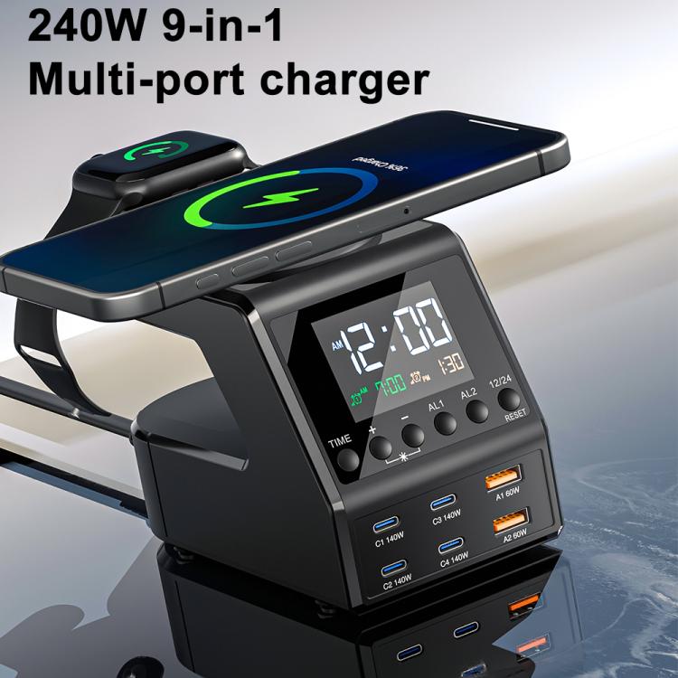 Station de recharge multifonctionnelle multi-ports 9 en 1 de 240 W avec fonction alarme, 9 en 1 240 W