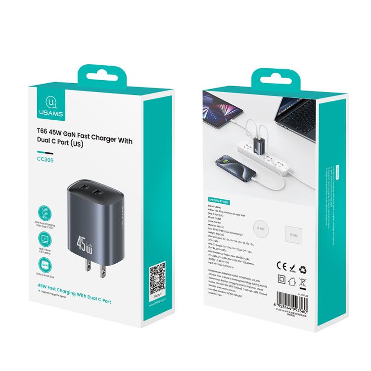 Chargeur rapide GaN USAMS CC306 T66 45W double USB-C / Type-C, prise US, CC306