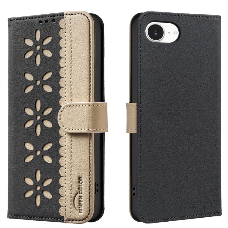Étui de téléphone en cuir RFID avec motif de fleur creuse épissée de couleur, Pour iPhone 16e / 17e, Pour iPhone 17 Pro Max, Pour iPhone 17 Pro, Pour iPhone 17, Pour iPhone Air, Pour iPhone 16 Pro Max, Pour iPhone 16 Pro, Pour iPhone 16 Plus