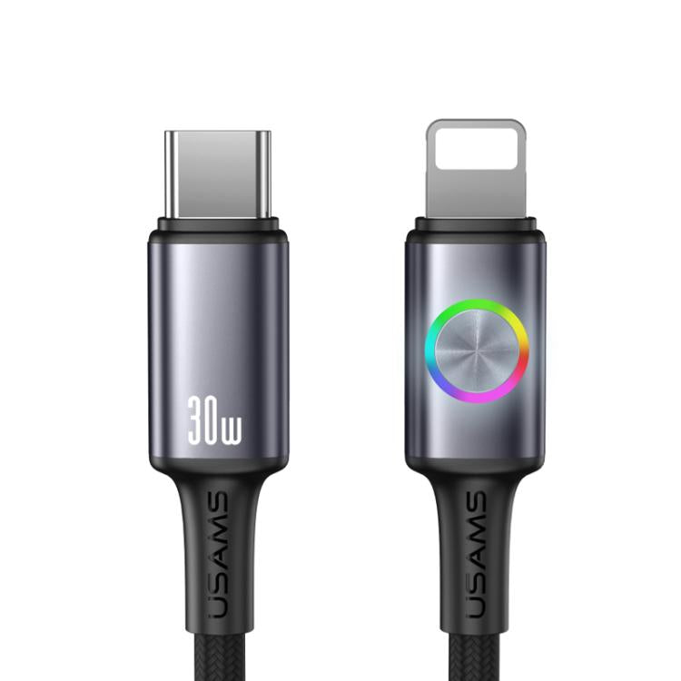 Câble de données en alliage d'aluminium USAMS SJ753 30W Type-C vers 8 broches avec lumière colorée, longueur : 1,2m, SJ753USB01, SJ753USB02