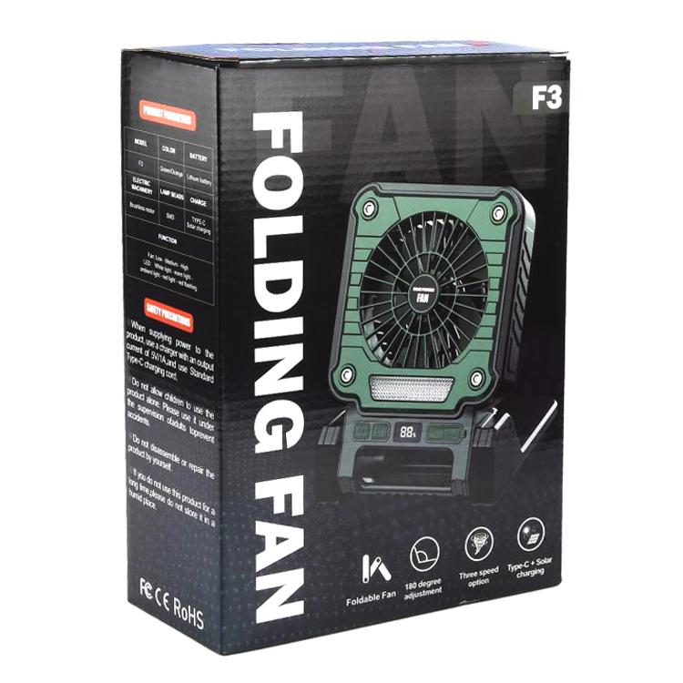 Ventilateur portable F3 à énergie solaire avec chargement USB et lumière de camping