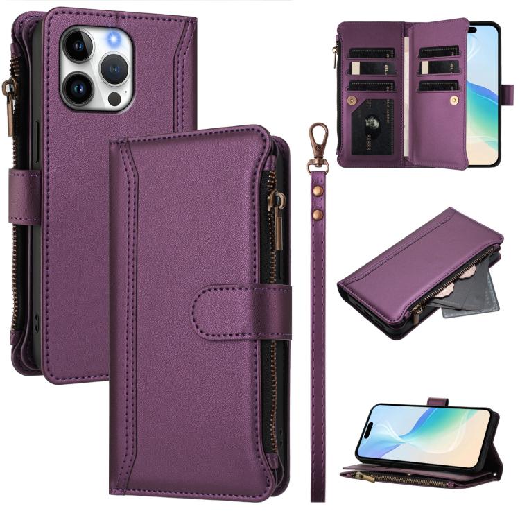 Étui en cuir à fermeture magnétique avec 9 fentes pour cartes et dragonne, pour iPhone 17e / 16e, pour iPhone 17 Pro Max, pour iPhone 17 Pro, pour iPhone 17, pour iPhone Air, pour iPhone 16 Pro Max, pour iPhone 16 Pro, pour iPhone 16 Plus