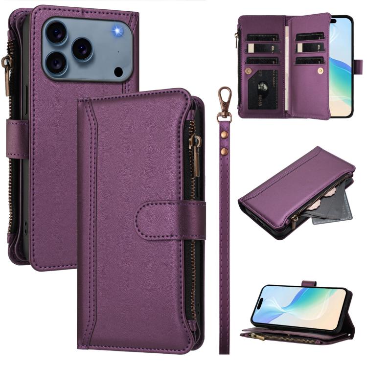 Étui en cuir à fermeture magnétique avec 9 fentes pour cartes et dragonne, pour iPhone 17e / 16e, pour iPhone 17 Pro Max, pour iPhone 17 Pro, pour iPhone 17, pour iPhone Air, pour iPhone 16 Pro Max, pour iPhone 16 Pro, pour iPhone 16 Plus