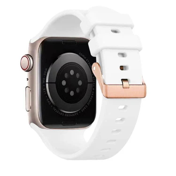 Bracelet de montre en silicone uni couleur or rose avec boucle, compatible avec Apple Watch 42 mm / 41 mm / 40 mm / 38 mm
