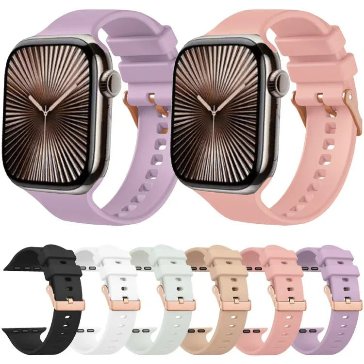 Bracelet de montre en silicone uni couleur or rose avec boucle, compatible avec Apple Watch 42 mm / 41 mm / 40 mm / 38 mm