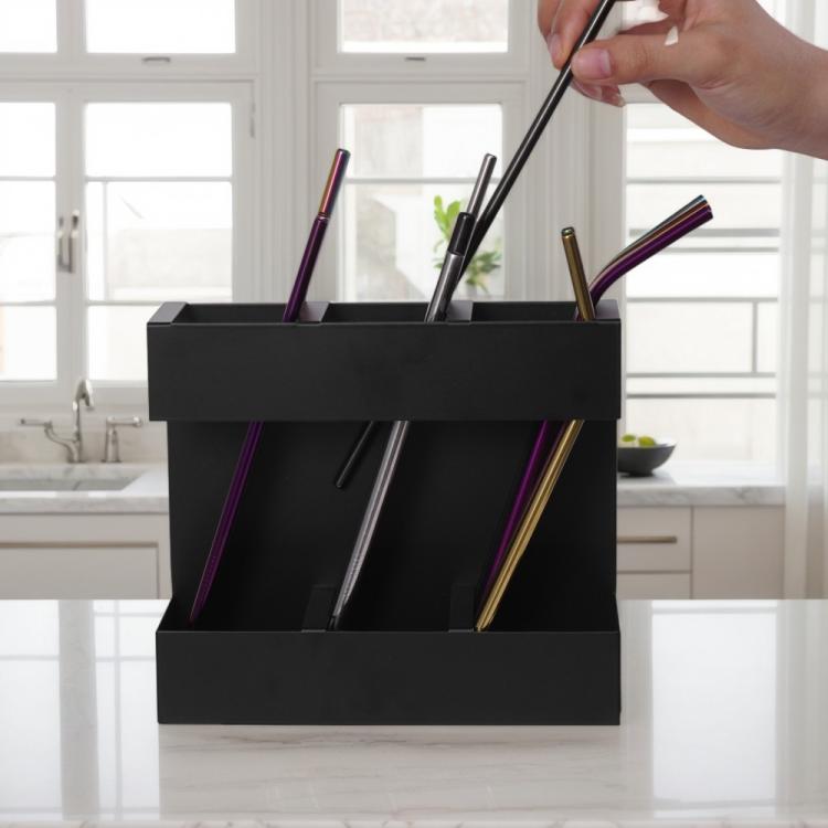 Support de rangement en métal pour couverts en paille à trois grilles, organisateur de cuisine, sans feuille magnétique souple, avec 9 feuilles magnétiques souples