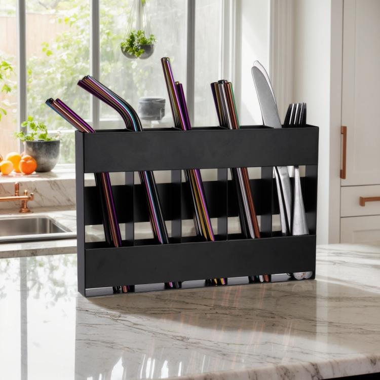 Organisateur de cuisine pour couverts en paille à cinq compartiments en métal, sans feuille magnétique souple, avec 12 feuilles magnétiques souples