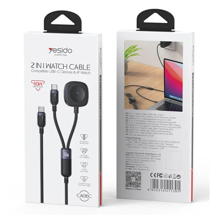 Câble de charge 2 en 1 Yesido CA136C 60 W USB-C / Type-C vers Type-C et iWatch, CA136C