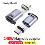 Adaptateur à succion magnétique Type-C mâle vers femelle PD240W 80Gbps 60K, tête droite, tête coudée, coude latéral