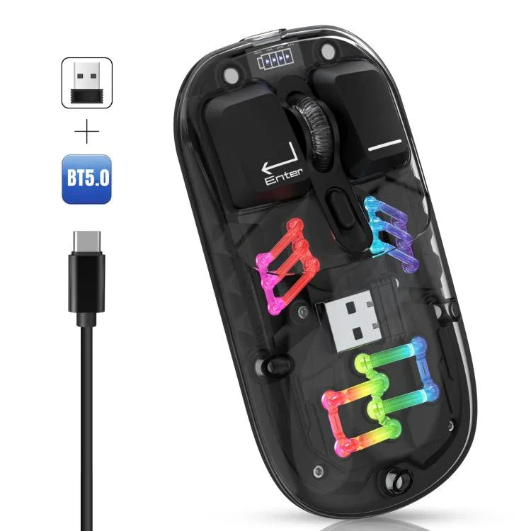 Souris sans fil RGB transparente HXSJ T200 double mode 2.4G BT5.0, T200