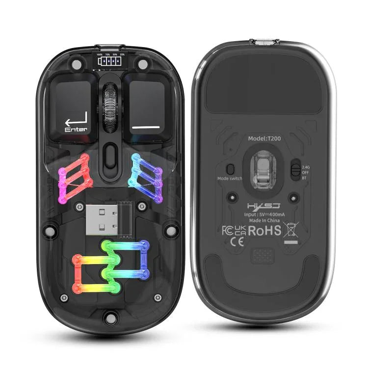 Souris sans fil RGB transparente HXSJ T200 double mode 2.4G BT5.0, T200