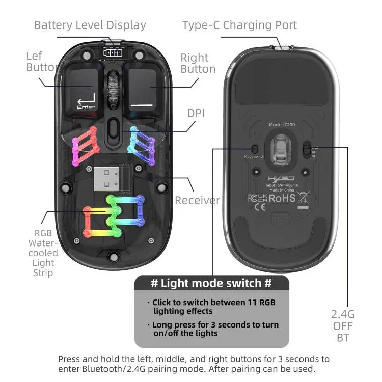 Souris sans fil RGB transparente HXSJ T200 double mode 2.4G BT5.0, T200