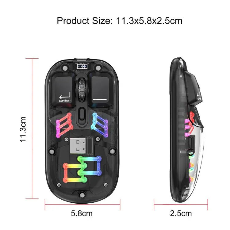 Souris sans fil RGB transparente HXSJ T200 double mode 2.4G BT5.0, T200