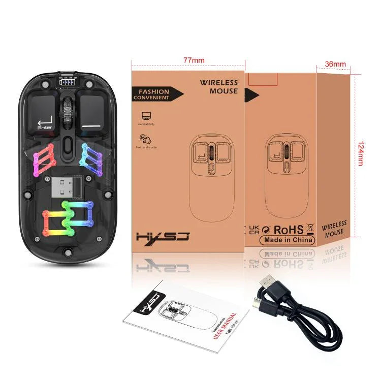 Souris sans fil RGB transparente HXSJ T200 double mode 2.4G BT5.0, T200