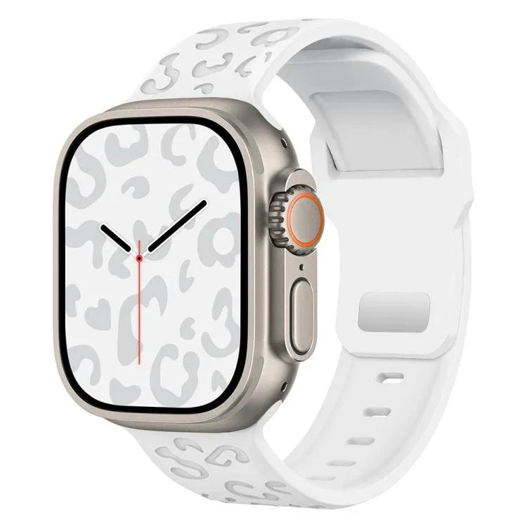 Bracelet de montre en silicone à boucle concave motif léopard, compatible avec Apple Watch 46 mm / 49 mm / 45 mm / 44 mm et Apple Watch 42 mm / 41 mm / 40 mm / 38 mm.