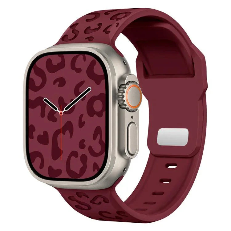 Bracelet de montre en silicone à boucle concave motif léopard, compatible avec Apple Watch 46 mm / 49 mm / 45 mm / 44 mm et Apple Watch 42 mm / 41 mm / 40 mm / 38 mm.