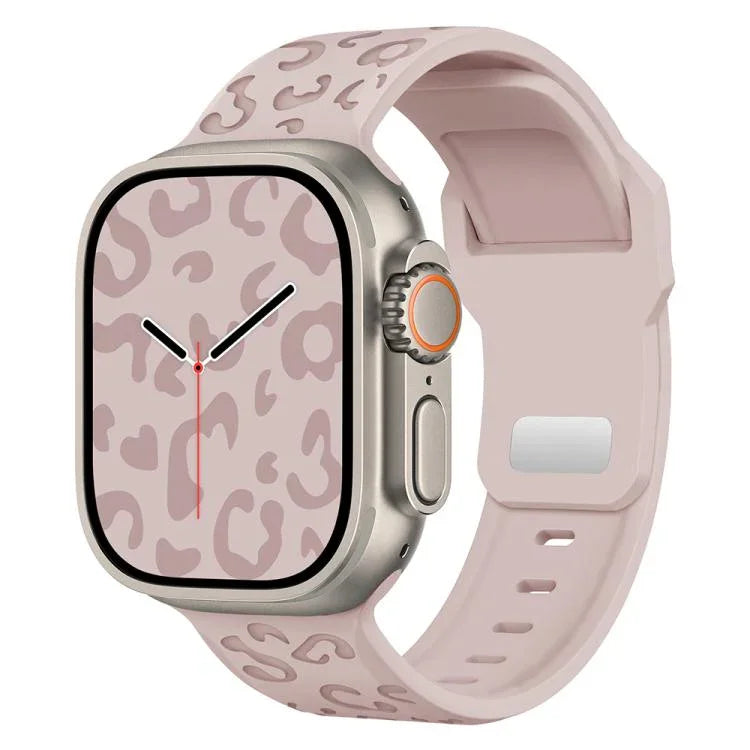 Bracelet de montre en silicone à boucle concave motif léopard, compatible avec Apple Watch 46 mm / 49 mm / 45 mm / 44 mm et Apple Watch 42 mm / 41 mm / 40 mm / 38 mm.