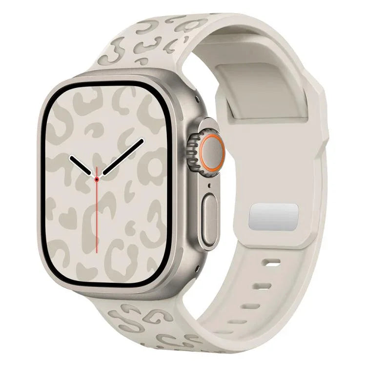 Bracelet de montre en silicone à boucle concave motif léopard, compatible avec Apple Watch 46 mm / 49 mm / 45 mm / 44 mm et Apple Watch 42 mm / 41 mm / 40 mm / 38 mm.