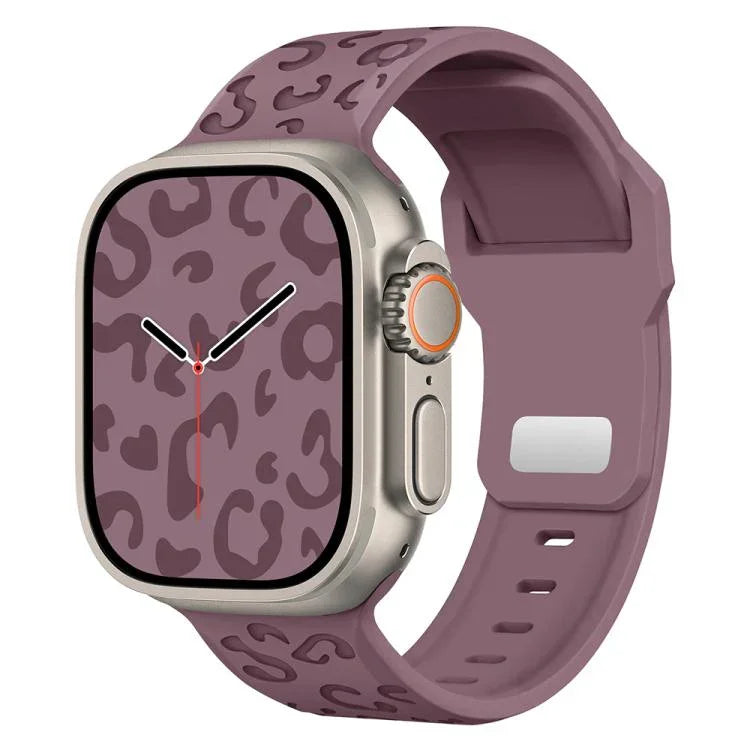 Bracelet de montre en silicone à boucle concave motif léopard, compatible avec Apple Watch 46 mm / 49 mm / 45 mm / 44 mm et Apple Watch 42 mm / 41 mm / 40 mm / 38 mm.