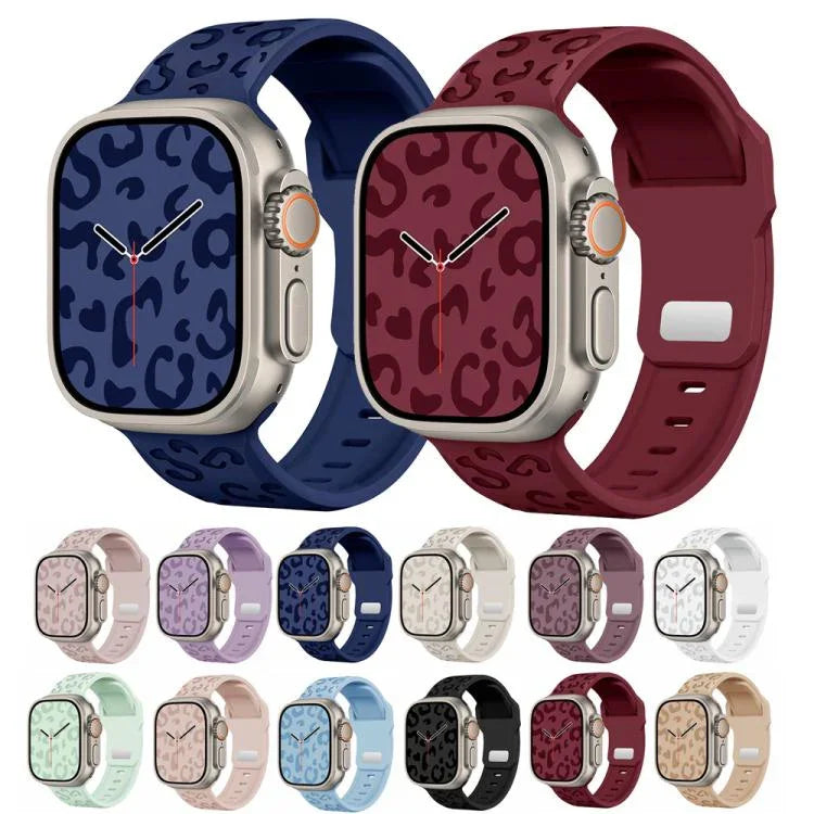 Bracelet de montre en silicone à boucle concave motif léopard, compatible avec Apple Watch 46 mm / 49 mm / 45 mm / 44 mm et Apple Watch 42 mm / 41 mm / 40 mm / 38 mm.