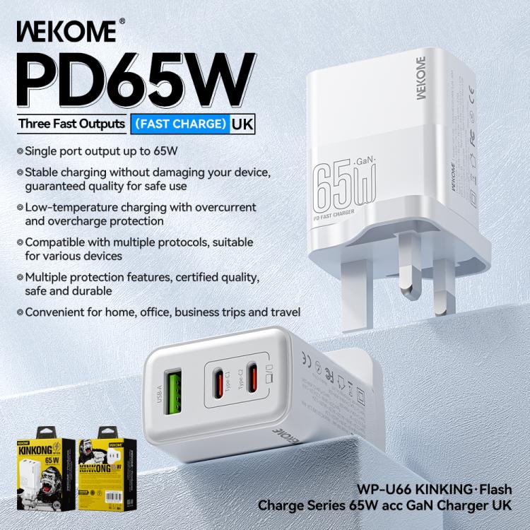 Chargeur rapide WK WP-U66 Kinkong 65W double USB-C / Type-C + USB, prise UK, prise US, prise EU