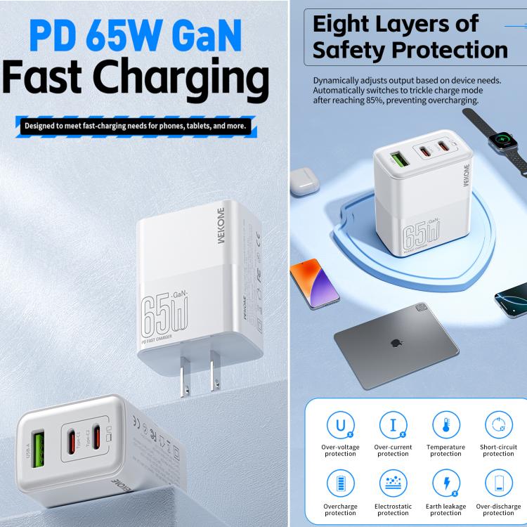 Chargeur rapide WK WP-U66 Kinkong 65W double USB-C / Type-C + USB, prise UK, prise US, prise EU