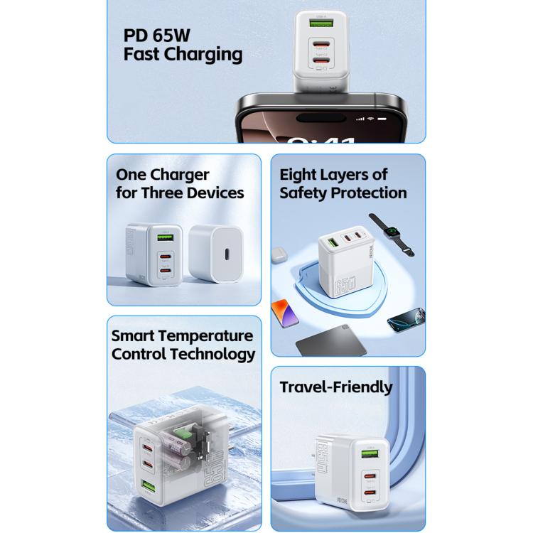 Chargeur rapide WK WP-U66 Kinkong 65W double USB-C / Type-C + USB, prise UK, prise US, prise EU