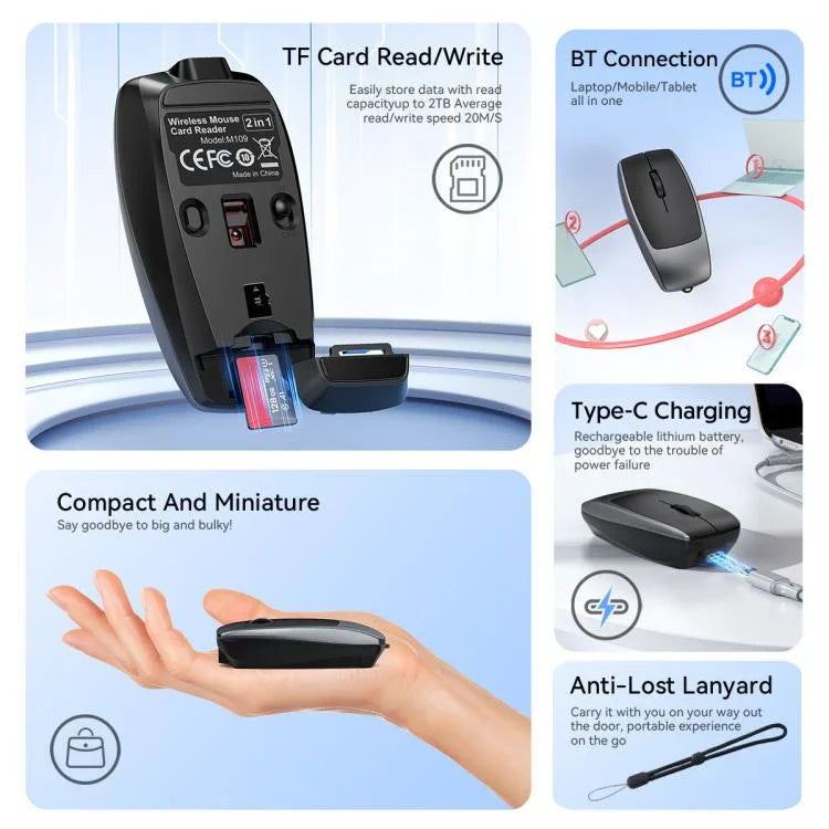 Souris sans fil mini HXSJ M109, clic droit 3D, lecteur de carte TF, boutons silencieux 4D