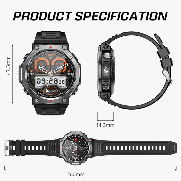 Montre connectée KT85 pour les sports outdoor, écran 1,43 pouce, étanche 5 ATM, avec lampe torche puissante.