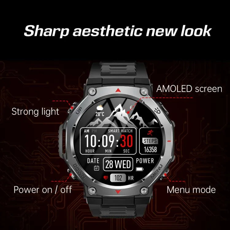 Montre connectée KT85 pour les sports outdoor, écran 1,43 pouce, étanche 5 ATM, avec lampe torche puissante.