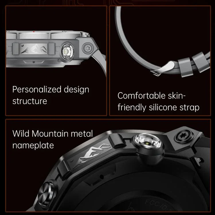 Montre connectée KT85 pour les sports outdoor, écran 1,43 pouce, étanche 5 ATM, avec lampe torche puissante.