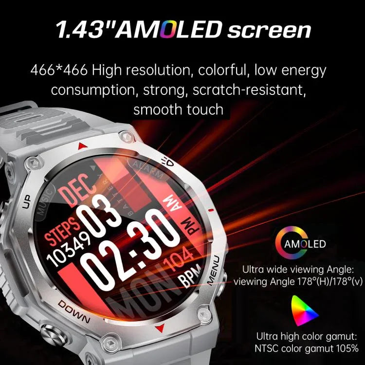 Montre connectée KT85 pour les sports outdoor, écran 1,43 pouce, étanche 5 ATM, avec lampe torche puissante.