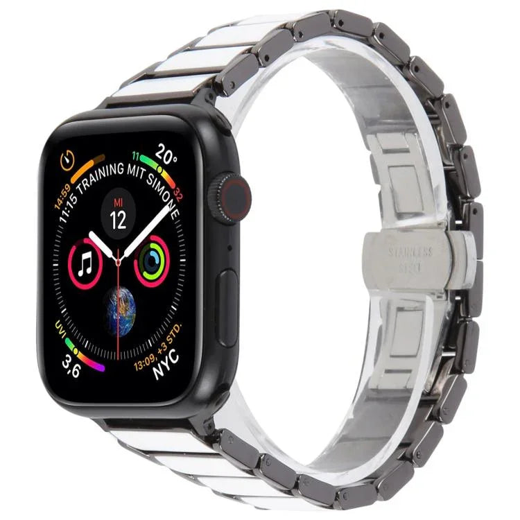 Bracelet de montre en acier et céramique à trois perles de 18 mm, compatible avec les Apple Watch 46 mm / 49 mm / 45 mm / 44 mm et 42 mm / 41 mm / 40 mm / 38 mm.