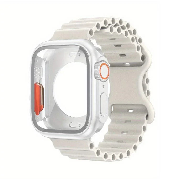 Bracelet de montre en silicone Ocean avec boucle papillon et boîtier en polycarbonate intégré, compatible avec Apple Watch Series 44 mm, 40 mm, 46 mm (Series 10/11) et 42 mm (Series 10/11).