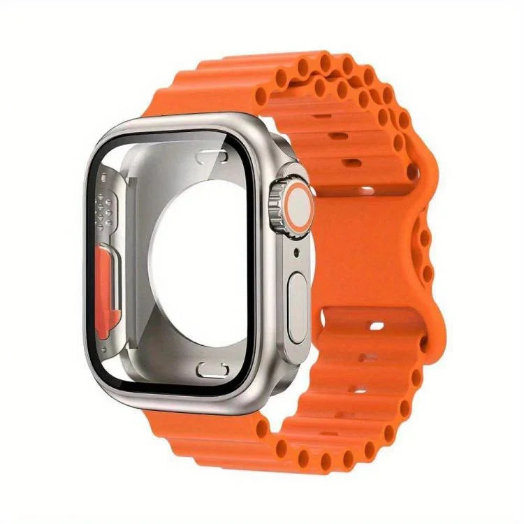 Bracelet de montre en silicone Ocean avec boucle papillon et boîtier en polycarbonate intégré, compatible avec Apple Watch Series 44 mm, 40 mm, 46 mm (Series 10/11) et 42 mm (Series 10/11).