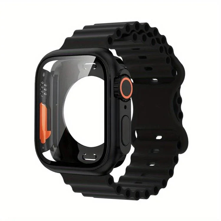Bracelet de montre en silicone Ocean avec boucle papillon et boîtier en polycarbonate intégré, compatible avec Apple Watch Series 44 mm, 40 mm, 46 mm (Series 10/11) et 42 mm (Series 10/11).