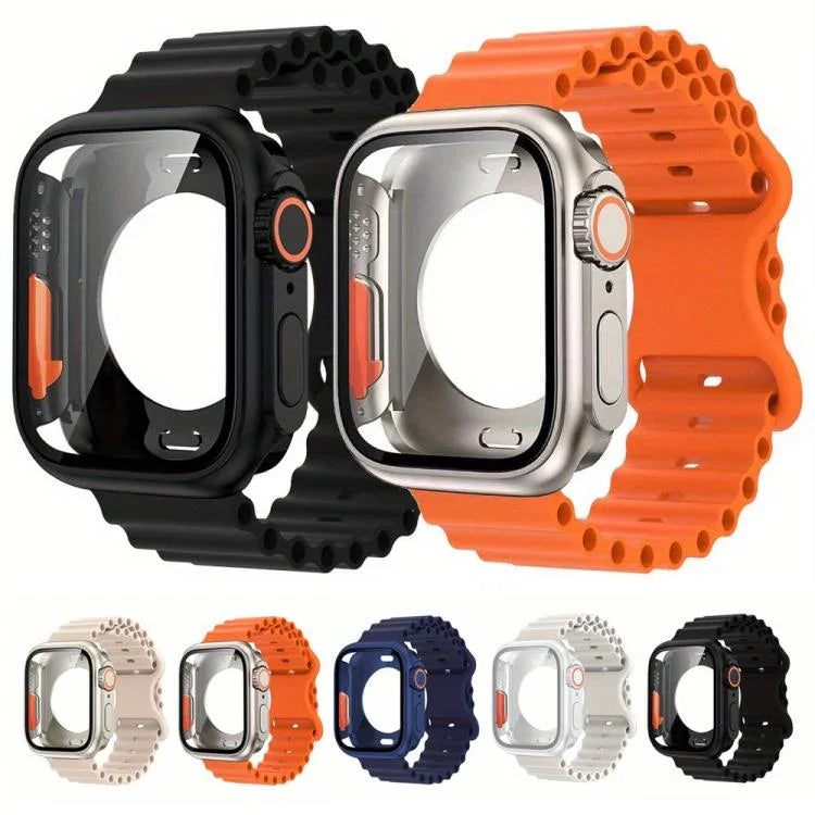 Bracelet de montre en silicone Ocean avec boucle papillon et boîtier en polycarbonate intégré, compatible avec Apple Watch Series 44 mm, 40 mm, 46 mm (Series 10/11) et 42 mm (Series 10/11).