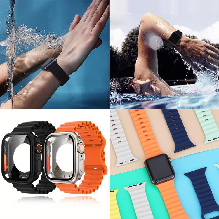 Bracelet de montre en silicone Ocean avec boucle papillon et boîtier en polycarbonate intégré, compatible avec Apple Watch Series 44 mm, 40 mm, 46 mm (Series 10/11) et 42 mm (Series 10/11).