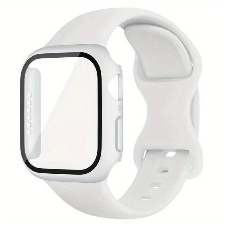 Bracelet de montre en silicone avec boucle papillon et protection en polycarbonate intégrée, compatible avec Apple Watch Series 44 mm, 40 mm, 46 mm (Series 10/11) et 42 mm (Series 10/11).
