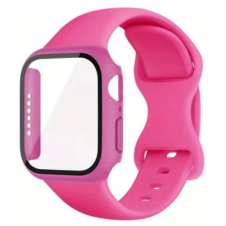 Bracelet de montre en silicone avec boucle papillon et protection en polycarbonate intégrée, compatible avec Apple Watch Series 44 mm, 40 mm, 46 mm (Series 10/11) et 42 mm (Series 10/11).