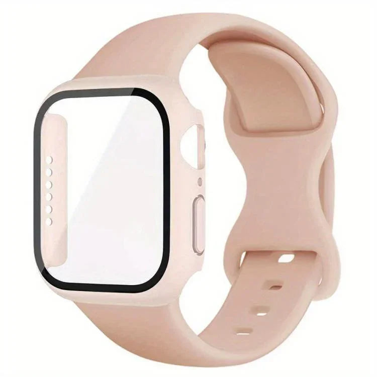 Bracelet de montre en silicone avec boucle papillon et protection en polycarbonate intégrée, compatible avec Apple Watch Series 44 mm, 40 mm, 46 mm (Series 10/11) et 42 mm (Series 10/11).