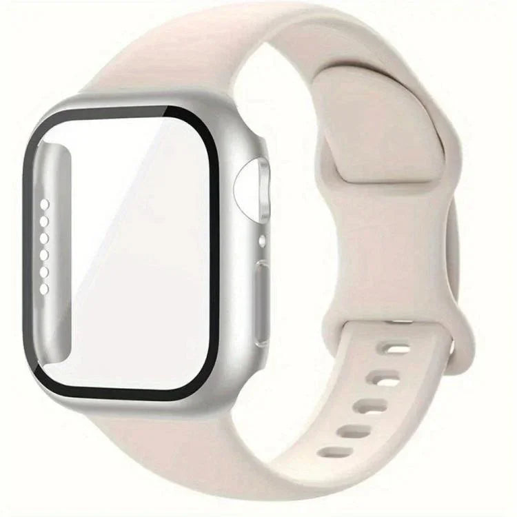 Bracelet de montre en silicone avec boucle papillon et protection en polycarbonate intégrée, compatible avec Apple Watch Series 44 mm, 40 mm, 46 mm (Series 10/11) et 42 mm (Series 10/11).