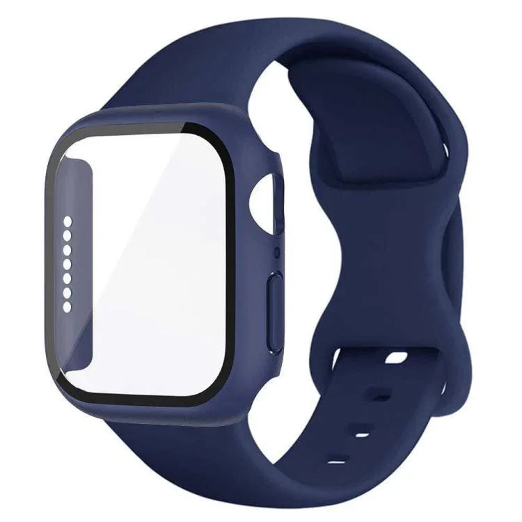 Bracelet de montre en silicone avec boucle papillon et protection en polycarbonate intégrée, compatible avec Apple Watch Series 44 mm, 40 mm, 46 mm (Series 10/11) et 42 mm (Series 10/11).