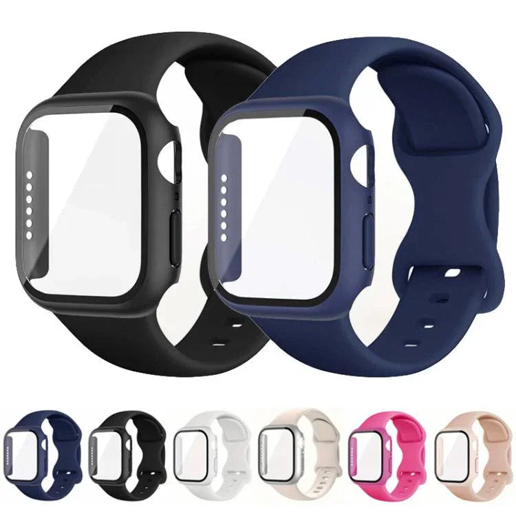 Bracelet de montre en silicone avec boucle papillon et protection en polycarbonate intégrée, compatible avec Apple Watch Series 44 mm, 40 mm, 46 mm (Series 10/11) et 42 mm (Series 10/11).