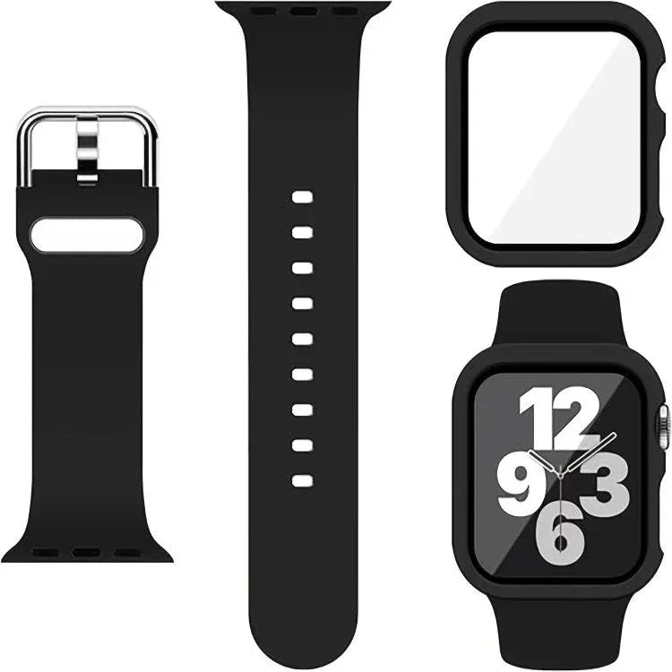 Bracelet de montre en silicone avec boucle ardillon et boîtier en polycarbonate intégré, compatible avec Apple Watch Series 44 mm, Apple Watch Series 40 mm, Apple Watch Series 10/11 46 mm, Apple Watch Series 10/11 42 mm et Apple Watch Ultra 3/2/1 49 mm…